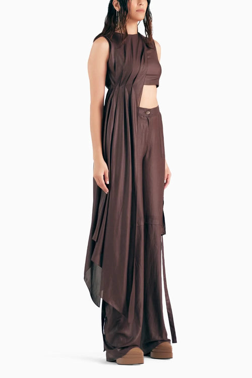Mahogany Leather Effect Chiffon Cargo Trousers
