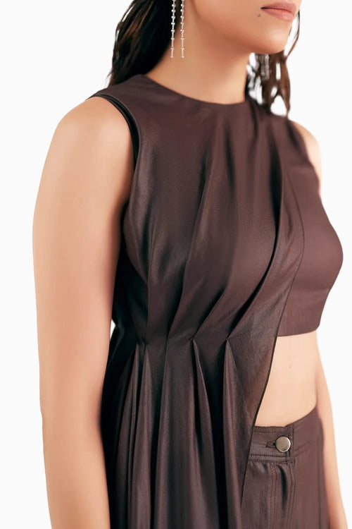 Mahogany Leather Effect Chiffon Cargo Trousers