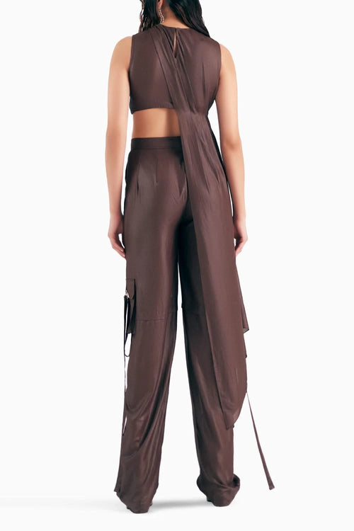 Mahogany Leather Effect Chiffon Cargo Trousers