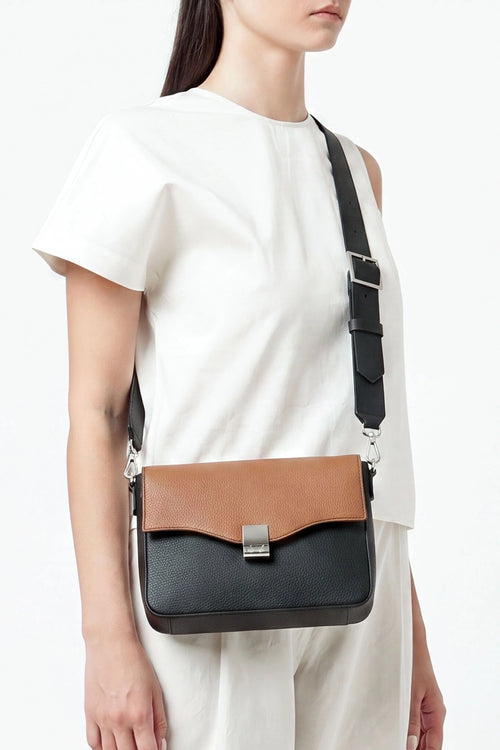 Flap Tan Black Slouchy Combo Crossbody Bag