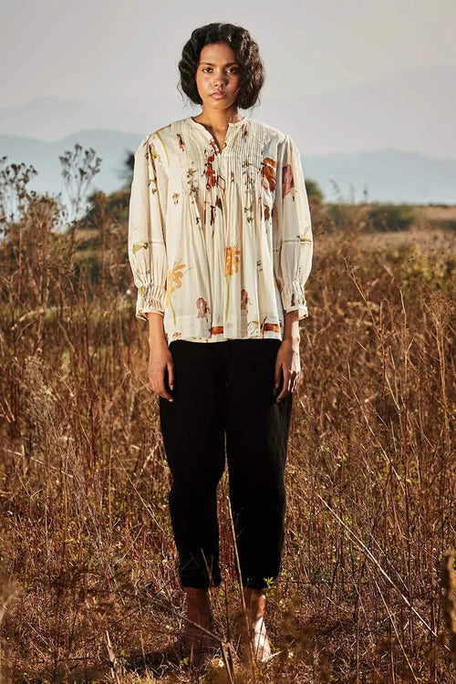 Florals in Snow Top with Charcoal Pant