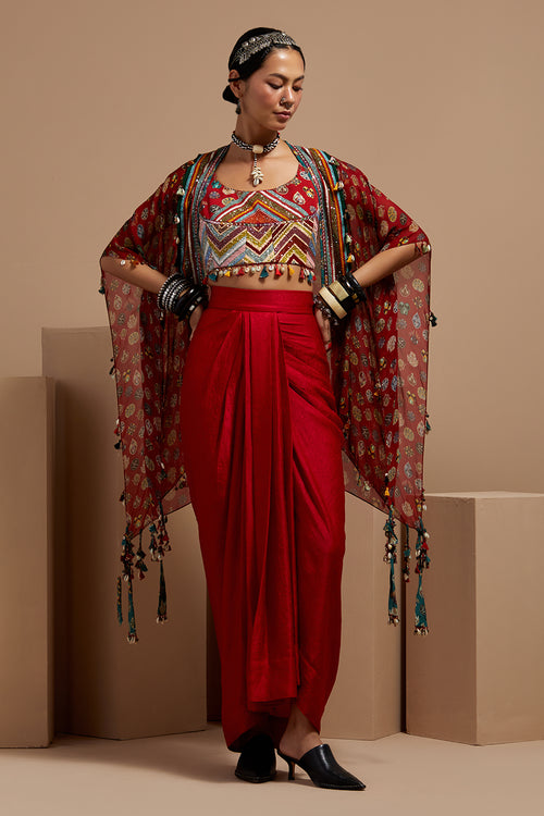 Sindoor Kalpa Blouse With Skirt & Veni Dupatta Jacket