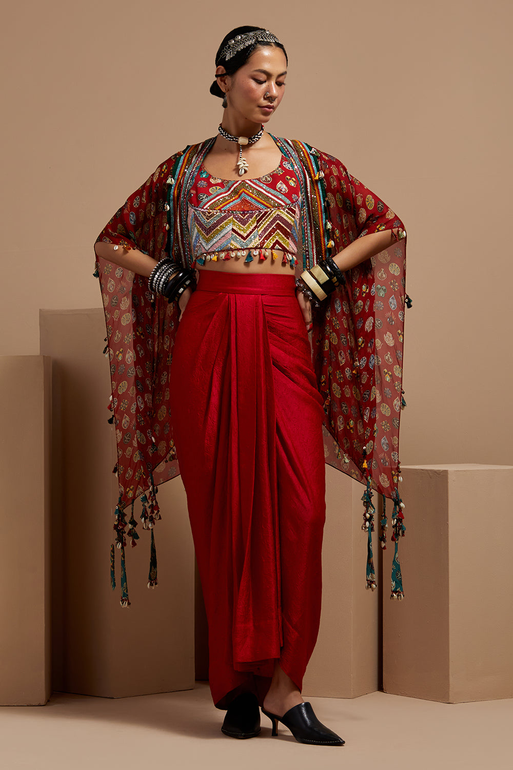 Sindoor Kalpa Blouse With Skirt & Veni Dupatta Jacket