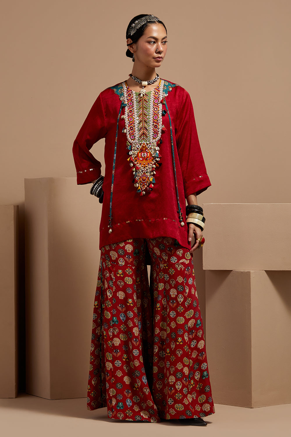Sindoor Mitra Short Kurta With Printed Flare Pants