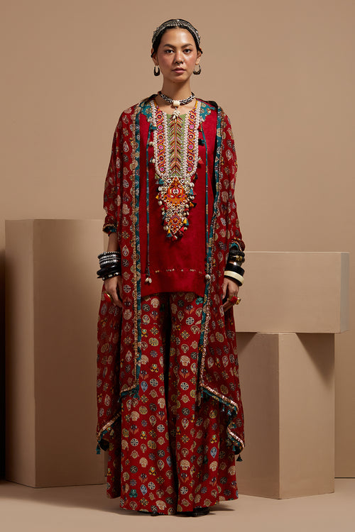 Sindoor Mitra Short Kurta With Printed Flare Pants & Dupatta