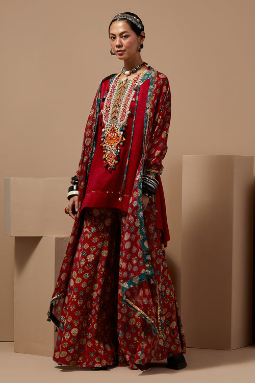 Sindoor Mitra Short Kurta With Printed Flare Pants & Dupatta