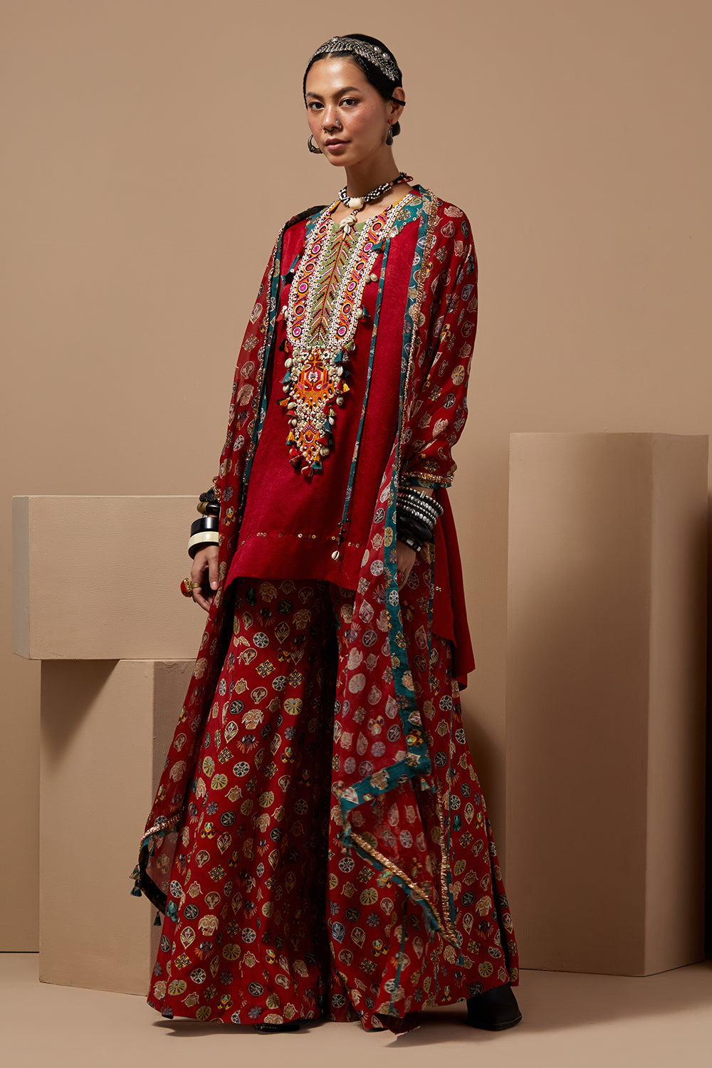 Sindoor Mitra Short Kurta With Printed Flare Pants & Dupatta