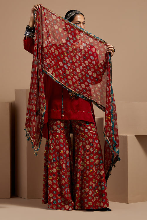 Sindoor Mitra Short Kurta With Printed Flare Pants & Dupatta