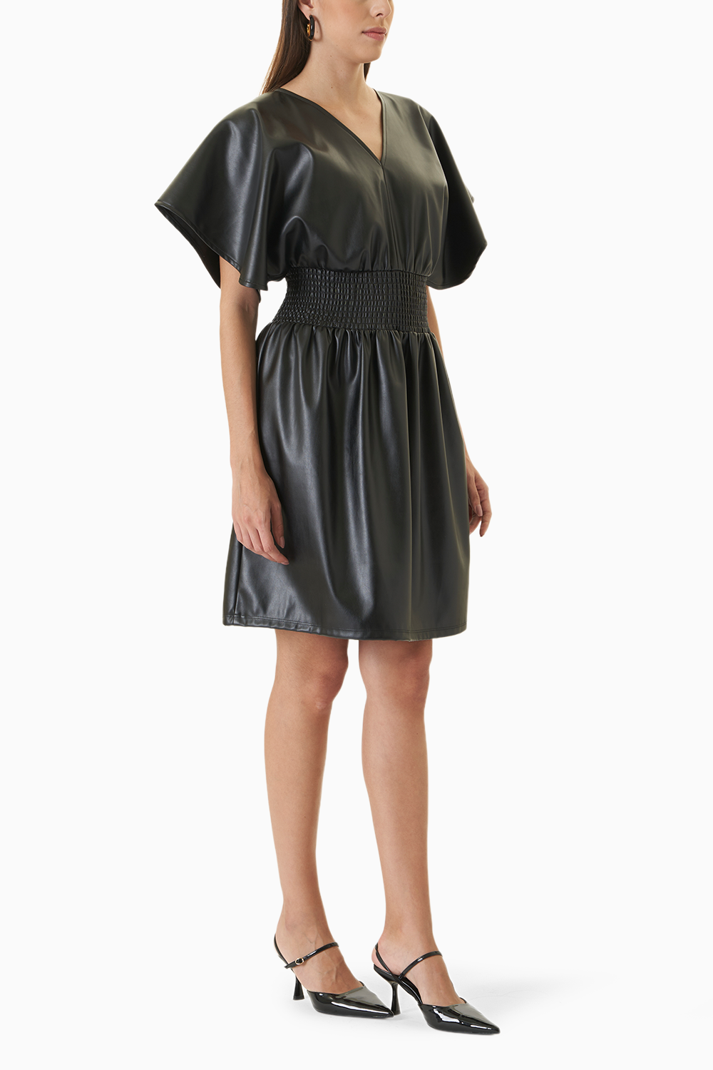 Faux Leather Smoked Waistline Dress