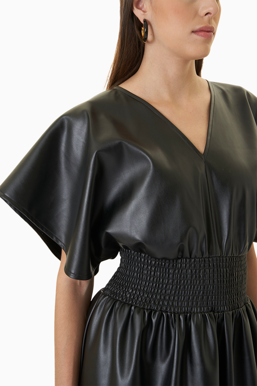 Faux Leather Smoked Waistline Dress