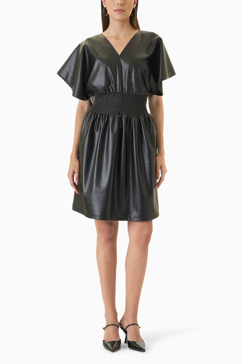 Faux Leather Smoked Waistline Dress