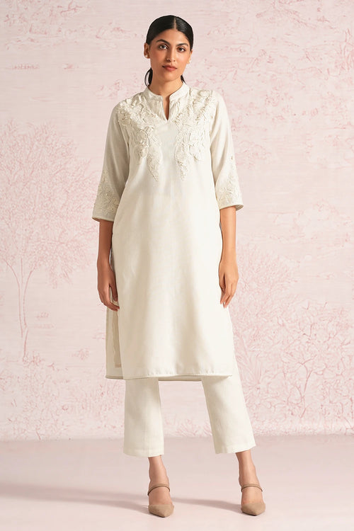 Floral Shadows Off White Kurta And Pant Set