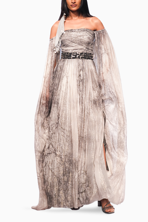 Forest Printed Cape Sleeve Gown