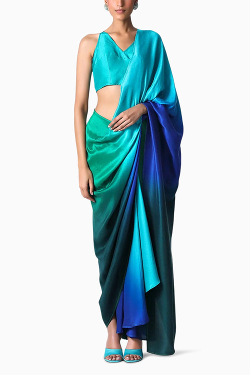 Fringe Pallu Blouse with Ombre Masai Godet Sari