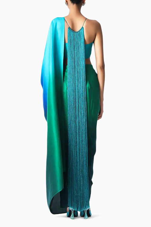 Fringe Pallu Blouse with Ombre Masai Godet Sari