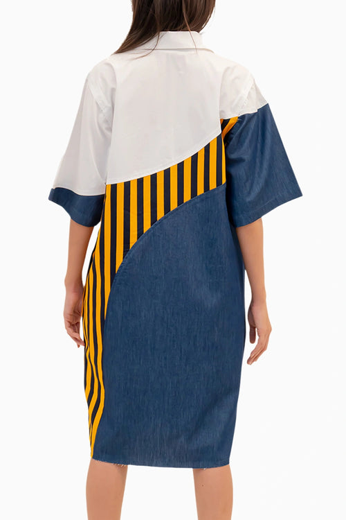 Blue Denim Combo Cotton Dress With Embroidery