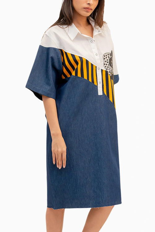 Blue Denim Combo Cotton Dress With Embroidery