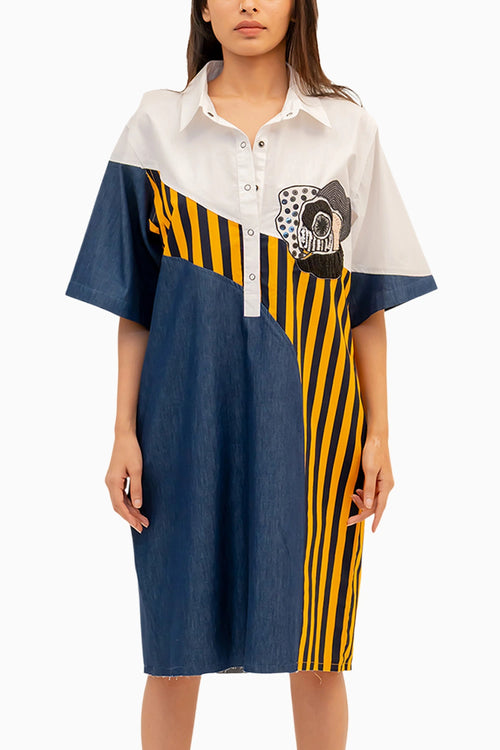 Blue Denim Combo Cotton Dress With Embroidery