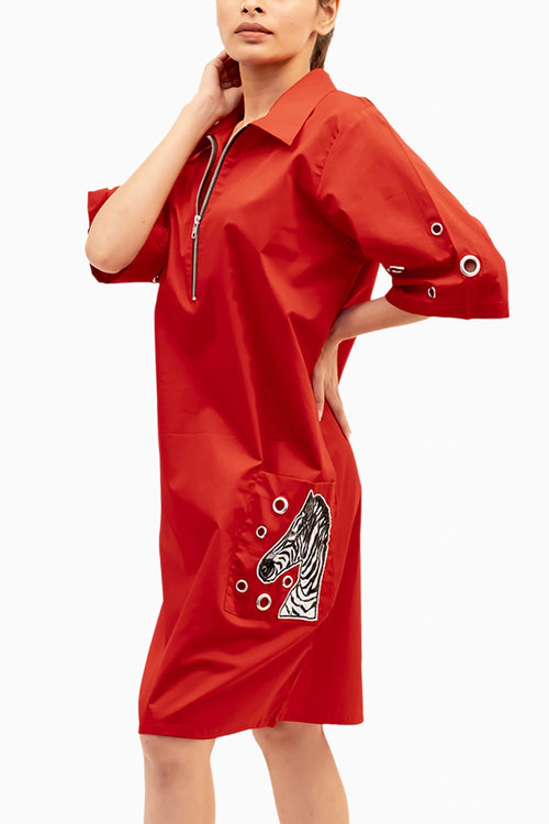 Red Cotton Dress With Embroidery