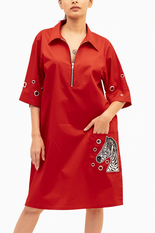 Red Cotton Dress With Embroidery