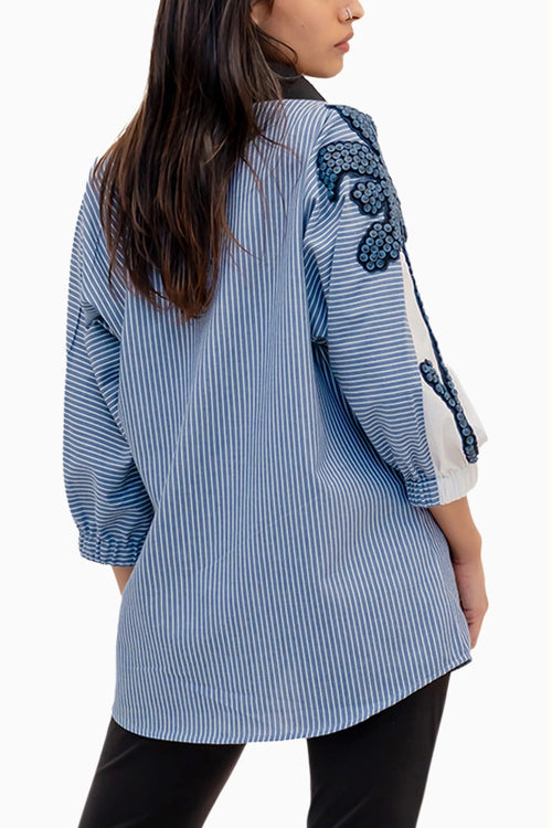 Blue Stripe And White Cotton Shirt With Embroidery