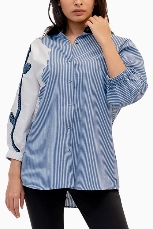 Blue Stripe And White Cotton Shirt With Embroidery