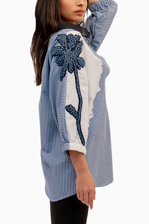 Blue Stripe And White Cotton Shirt With Embroidery