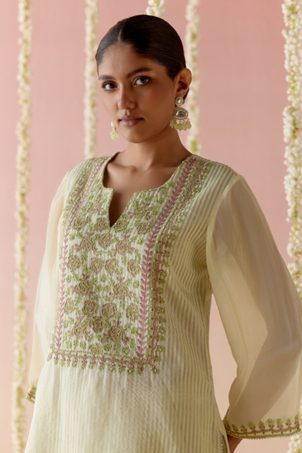 Lime Glory Tissue Kurta with Flared Pants