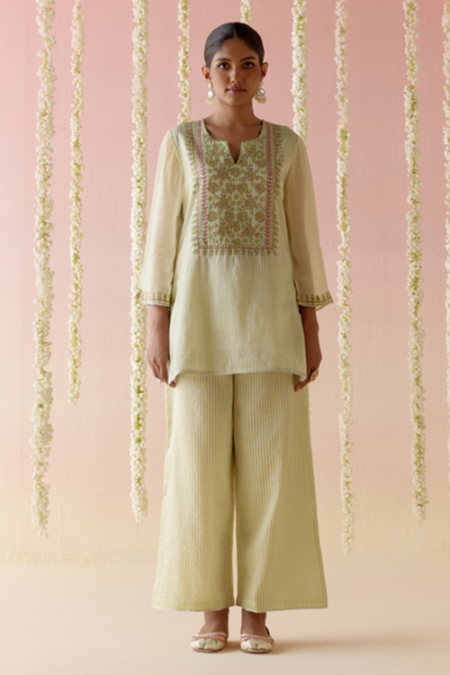 Lime Glory Tissue Kurta with Flared Pants