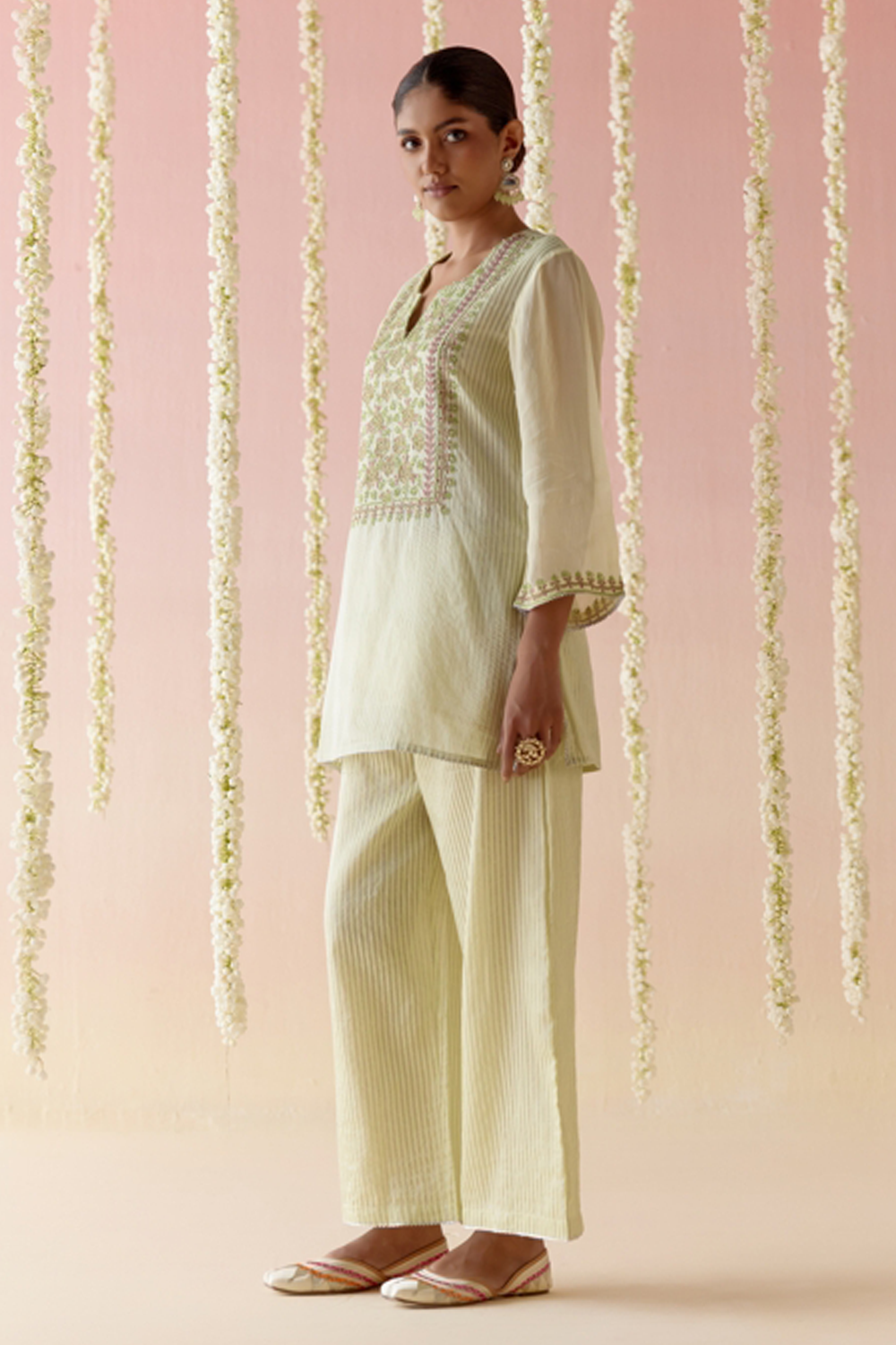 Lime Glory Tissue Kurta with Flared Pants