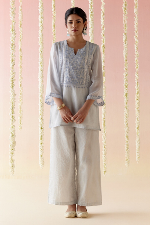Sky Rose Tissue Kurta with Flared Pants