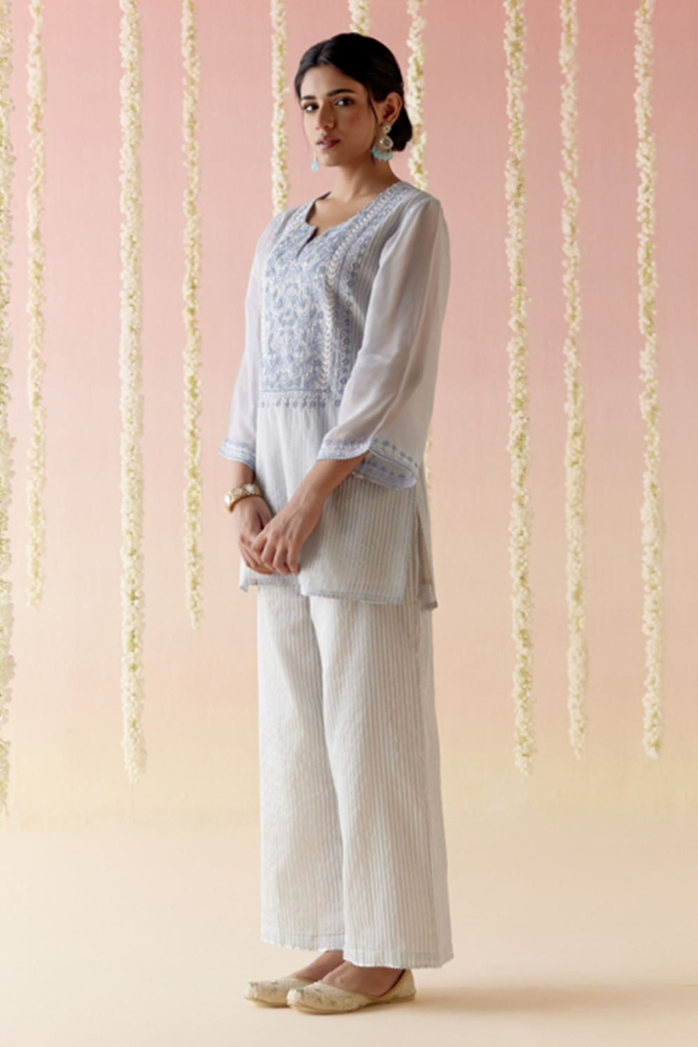 Sky Rose Tissue Kurta with Flared Pants