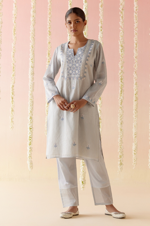 Misty Blue Tissue Kurta with Narrow Pants