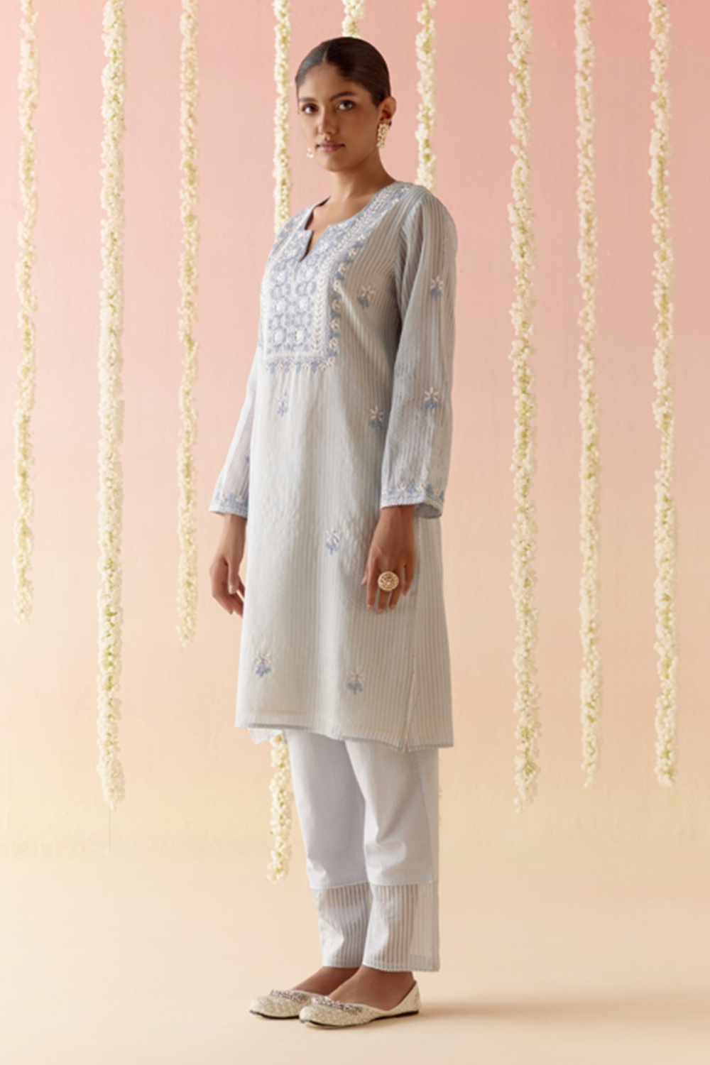 Misty Blue Tissue Kurta with Narrow Pants