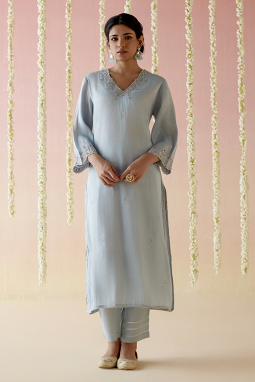 Sky Blossom Tissue Kurta with Narrow Pants