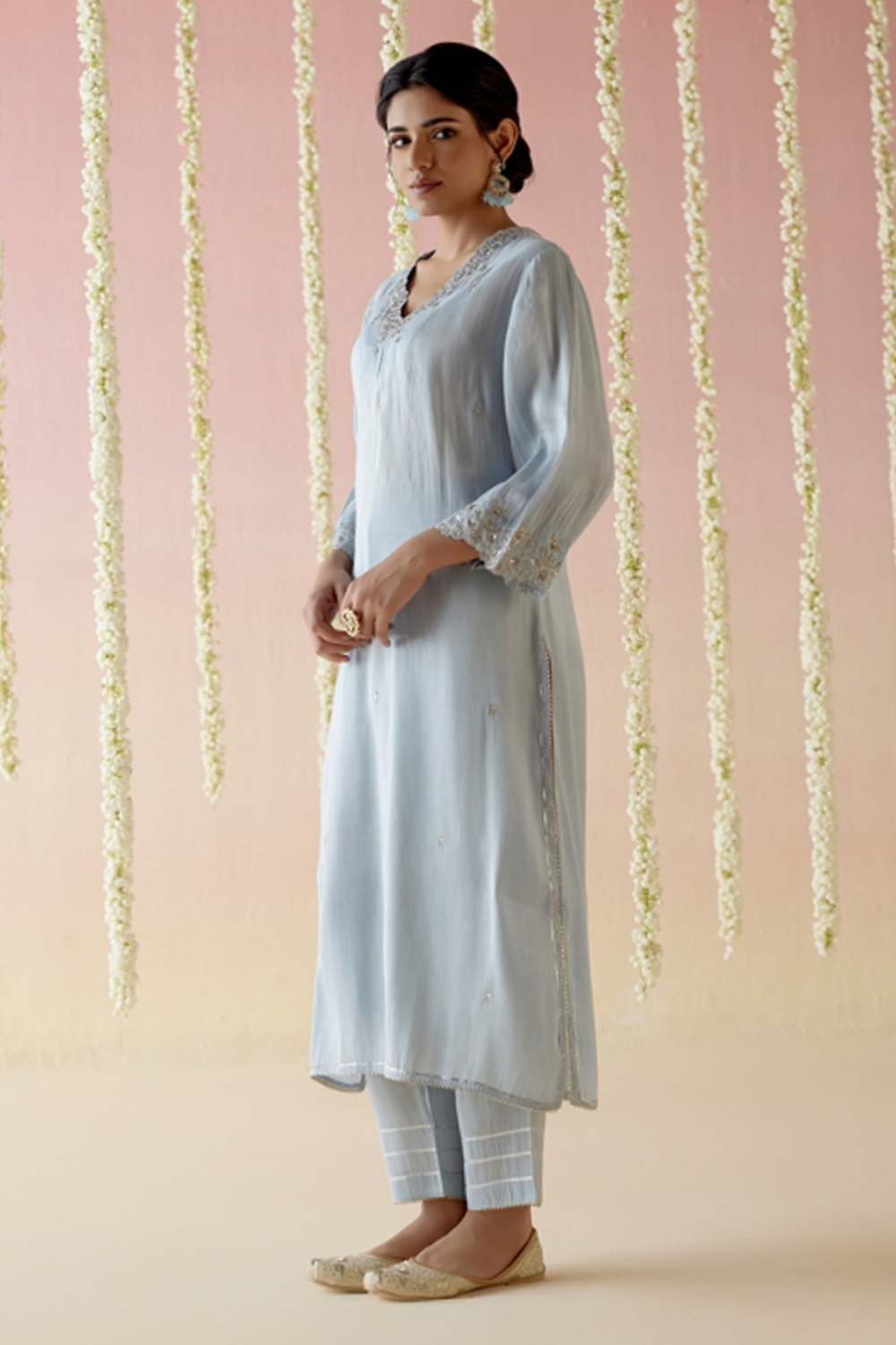 Sky Blossom Tissue Kurta with Narrow Pants