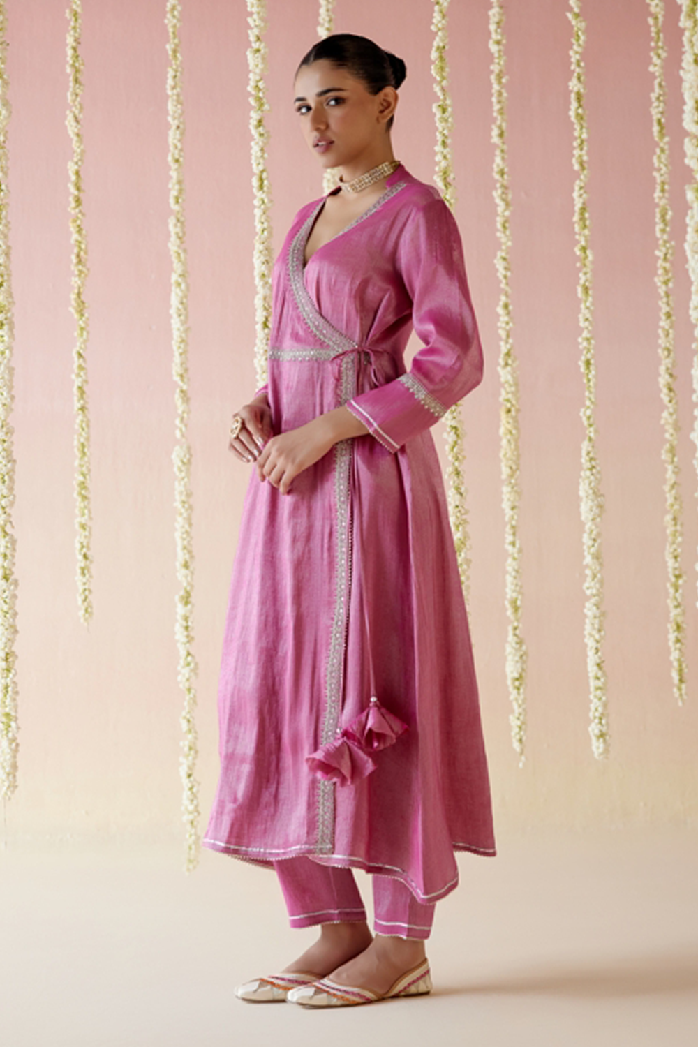 Fuschia Pink Tissue Angarakha with Narrow Pants