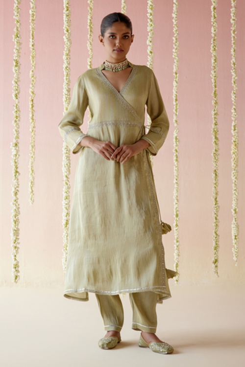 Moss Green Tissue Angarakha with Narrow Pants