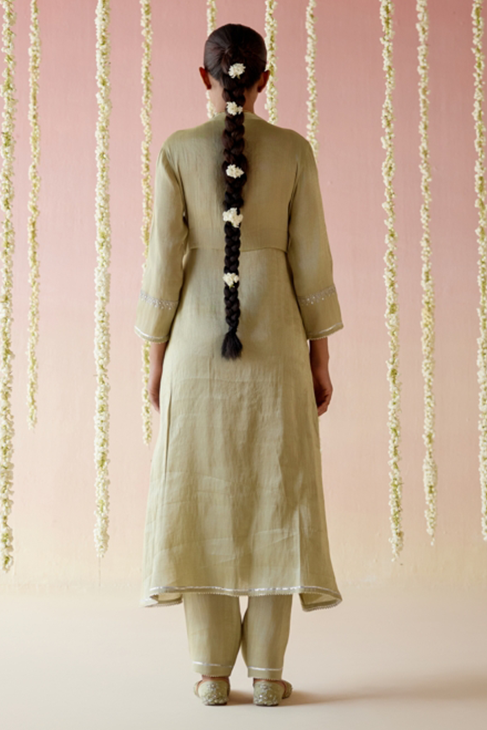 Moss Green Tissue Angarakha with Narrow Pants