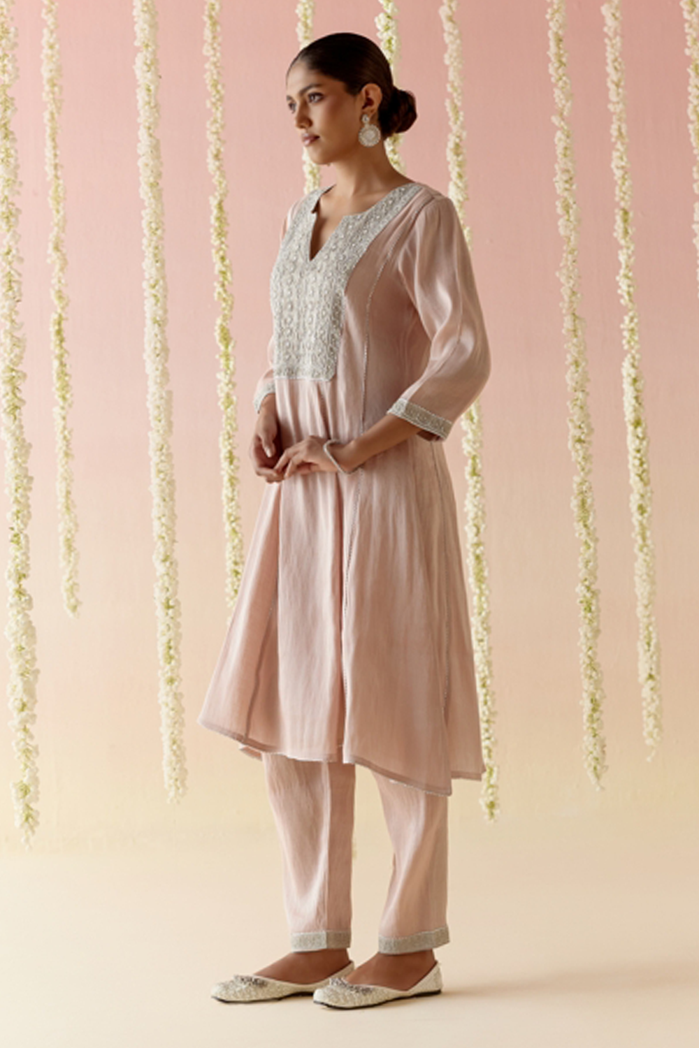 Rosy Pearl Tissue Anarkali with Narrow Pants