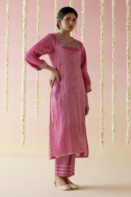 Peony Pink Tissue Kurta with Narrow Pants