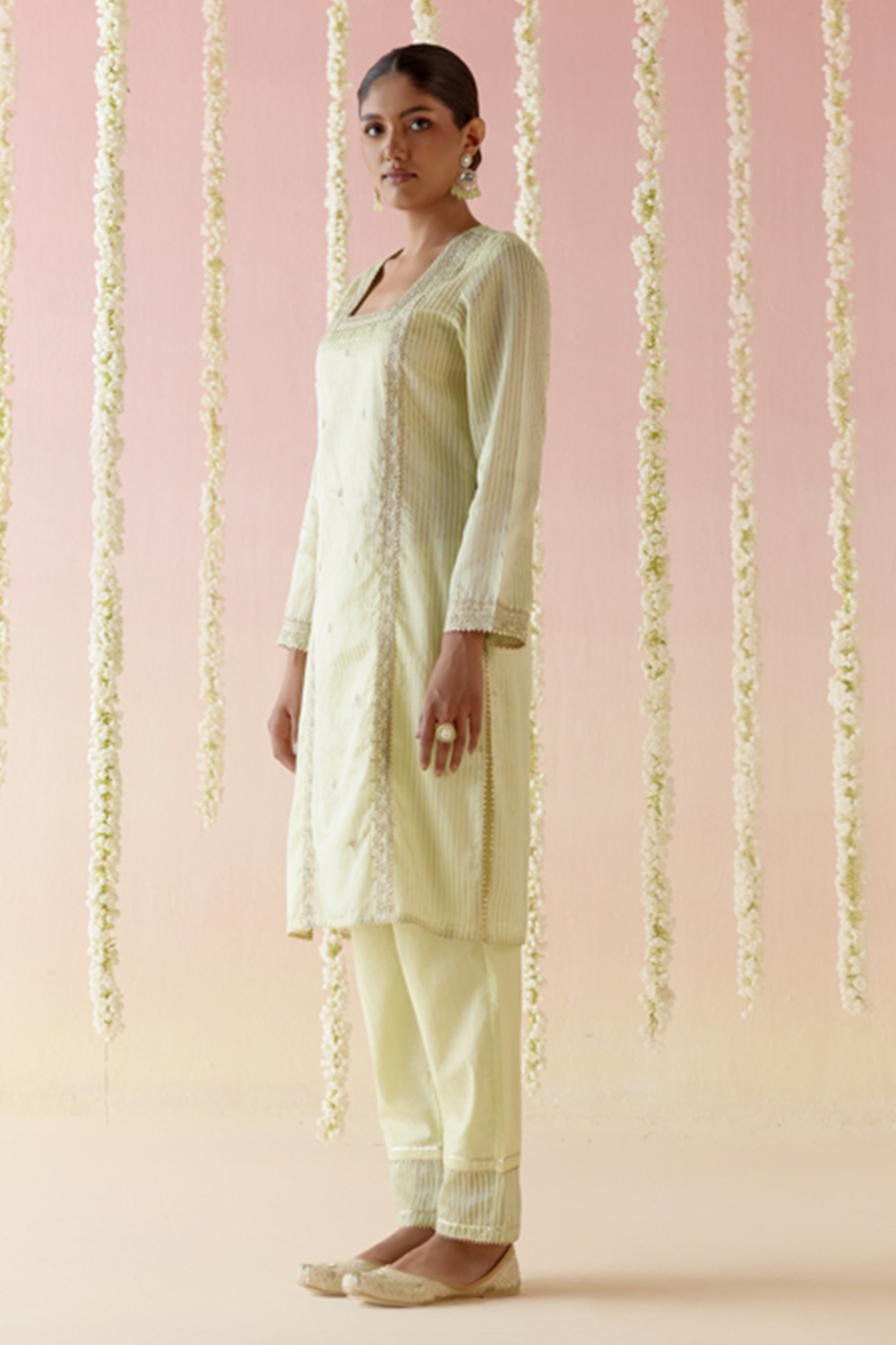 Lotus Green Tissue Kurta with arrow Pants