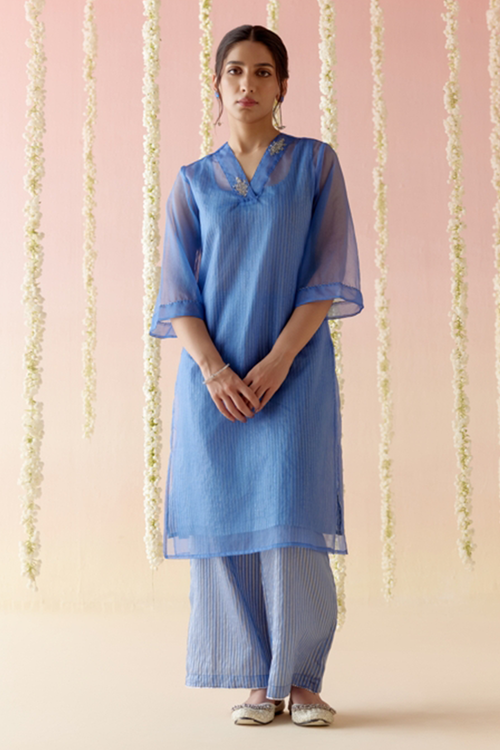 Sapphire Blue Kurta with Stripe Slip and Pants