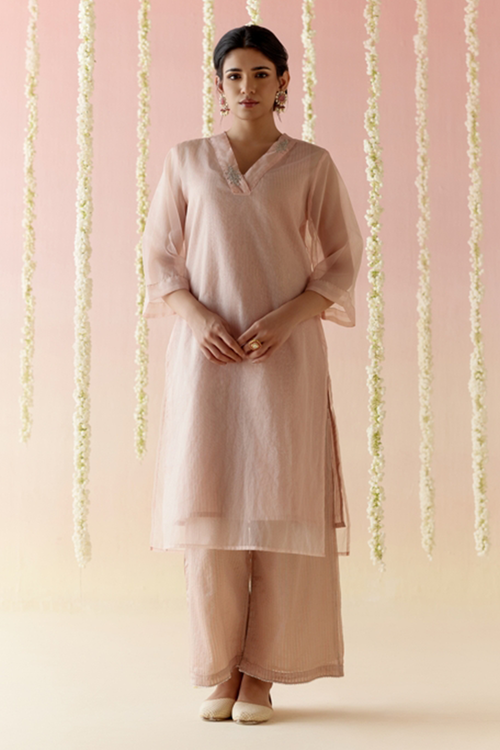 Lotus Pink Kurta with Striped Slip and Pants