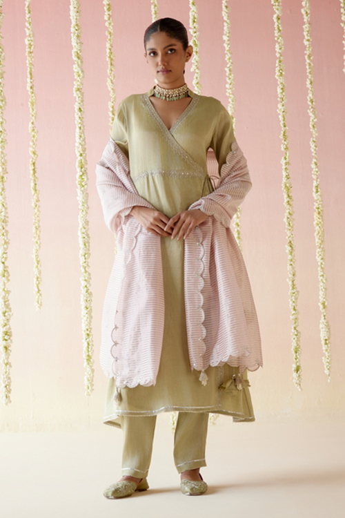 Moss Green Angarakha with Pants and Dupatta