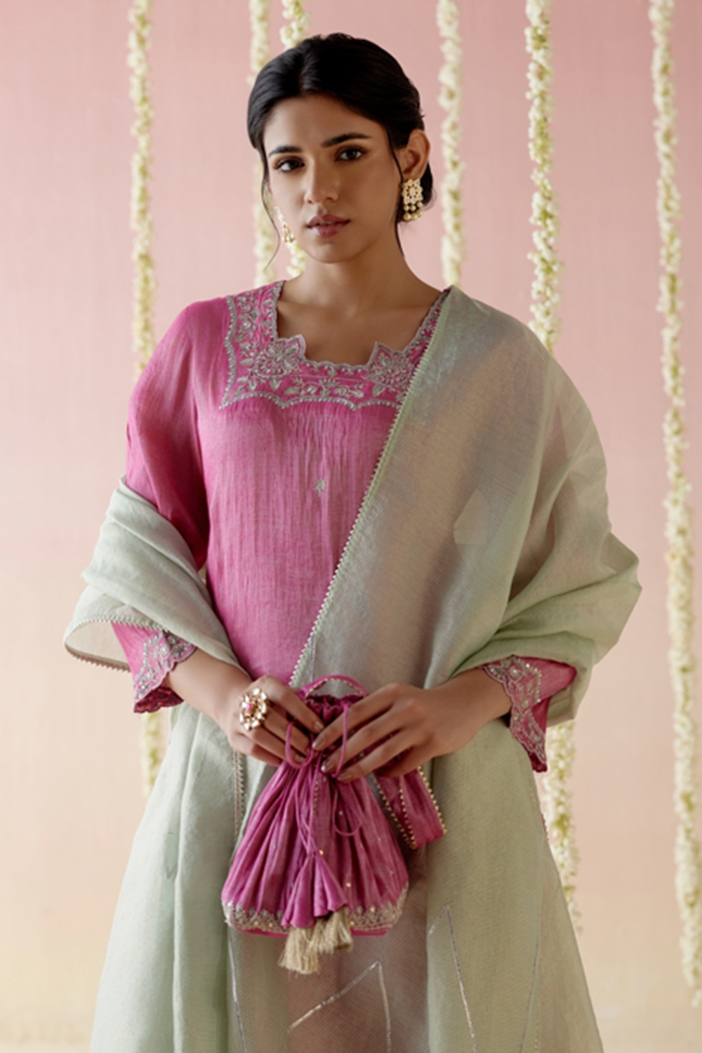 Peony Pink Kurta with Pants and Dupatta