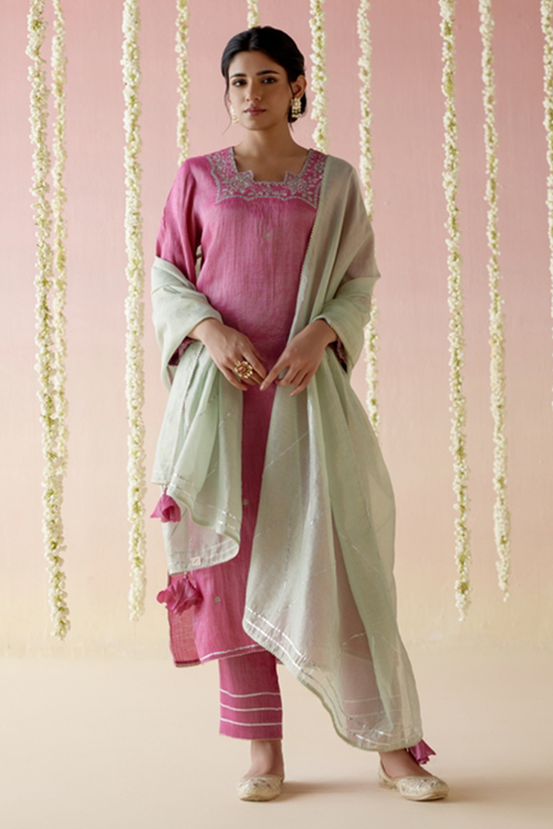 Peony Pink Kurta with Pants and Dupatta