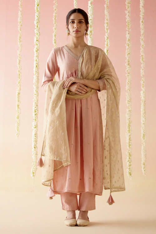 Petunia Peach Kurta with Pants and Dupatta