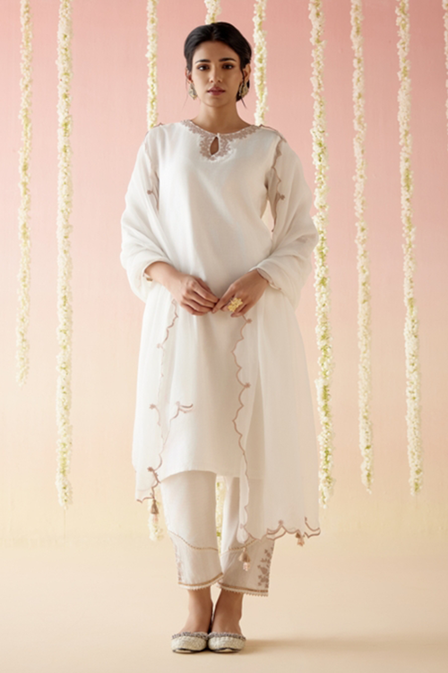Rose White Embroidered Kurta with Pants and Dupatta