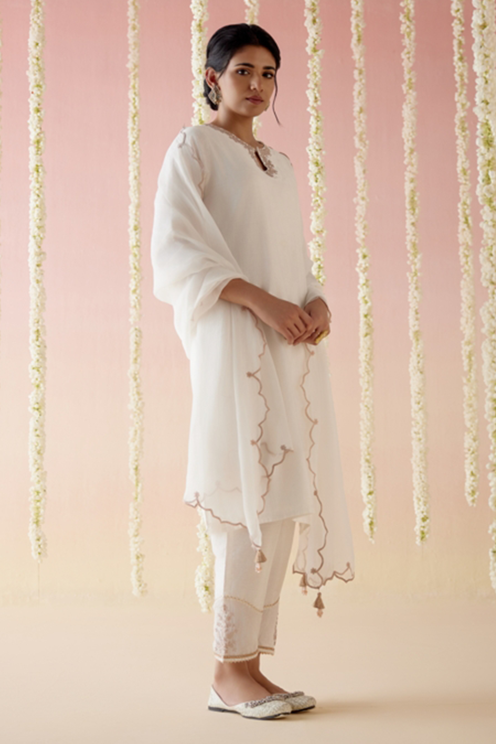 Rose White Embroidered Kurta with Pants and Dupatta